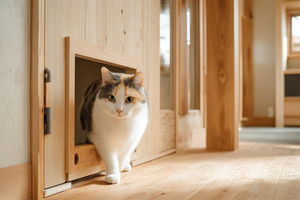 寝室のドア下部に組まれた木枠の小さなペットドアを通り抜ける猫