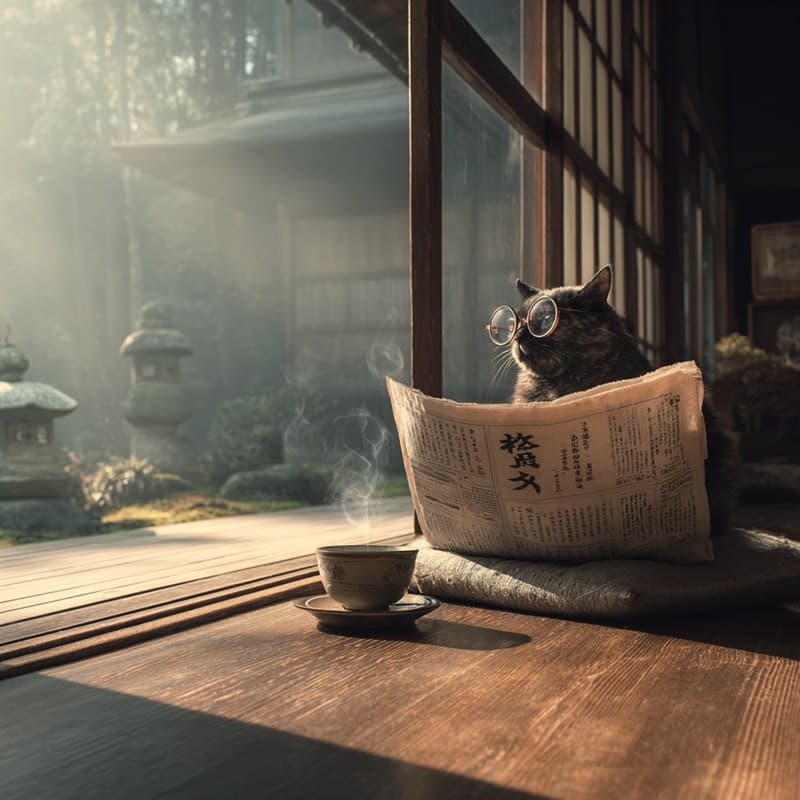 朝刊を読む猫