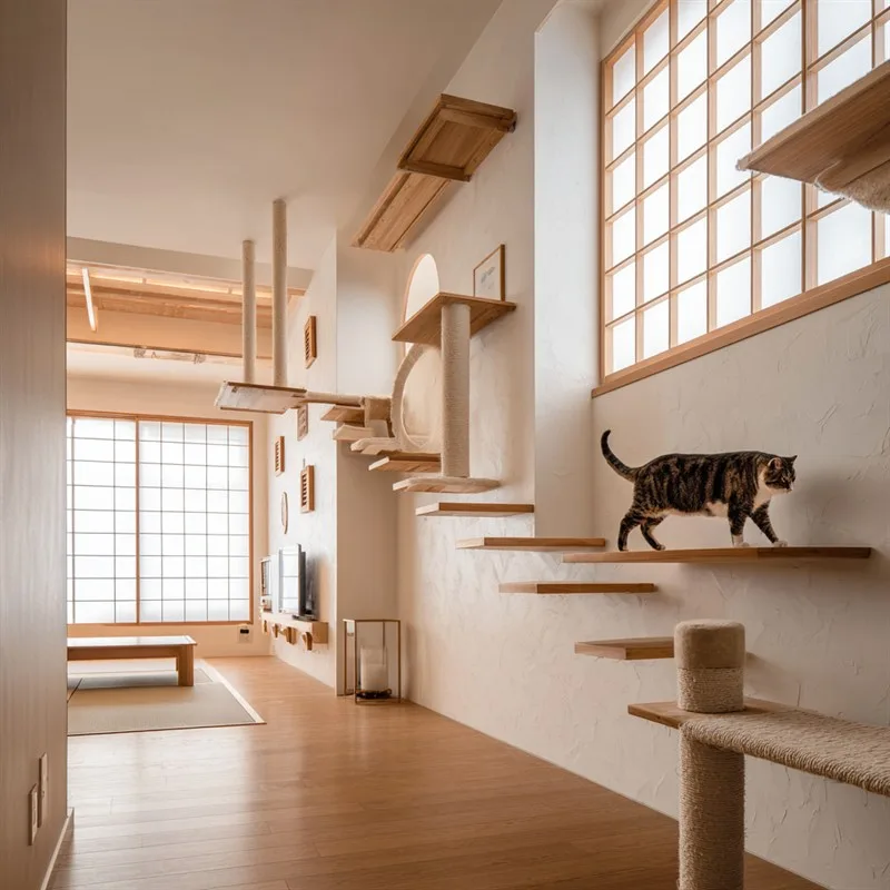 壁面の高い位置に渡したキャットウォークと、登っていく猫