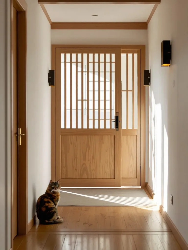 明るいオーク格子の玄関と三毛猫