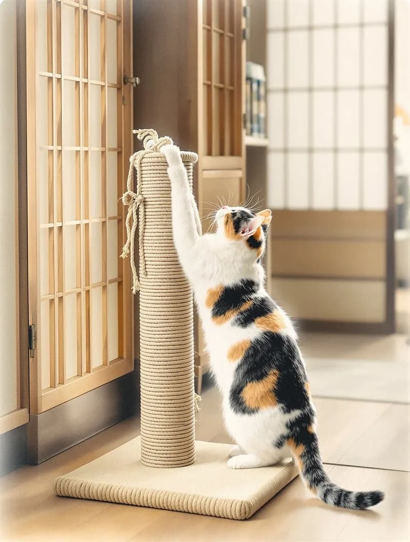 障子と木の引き戸のそばに立てかけた麻の爪とぎ柱に、三毛猫が前足を伸ばしてつかまっている写真