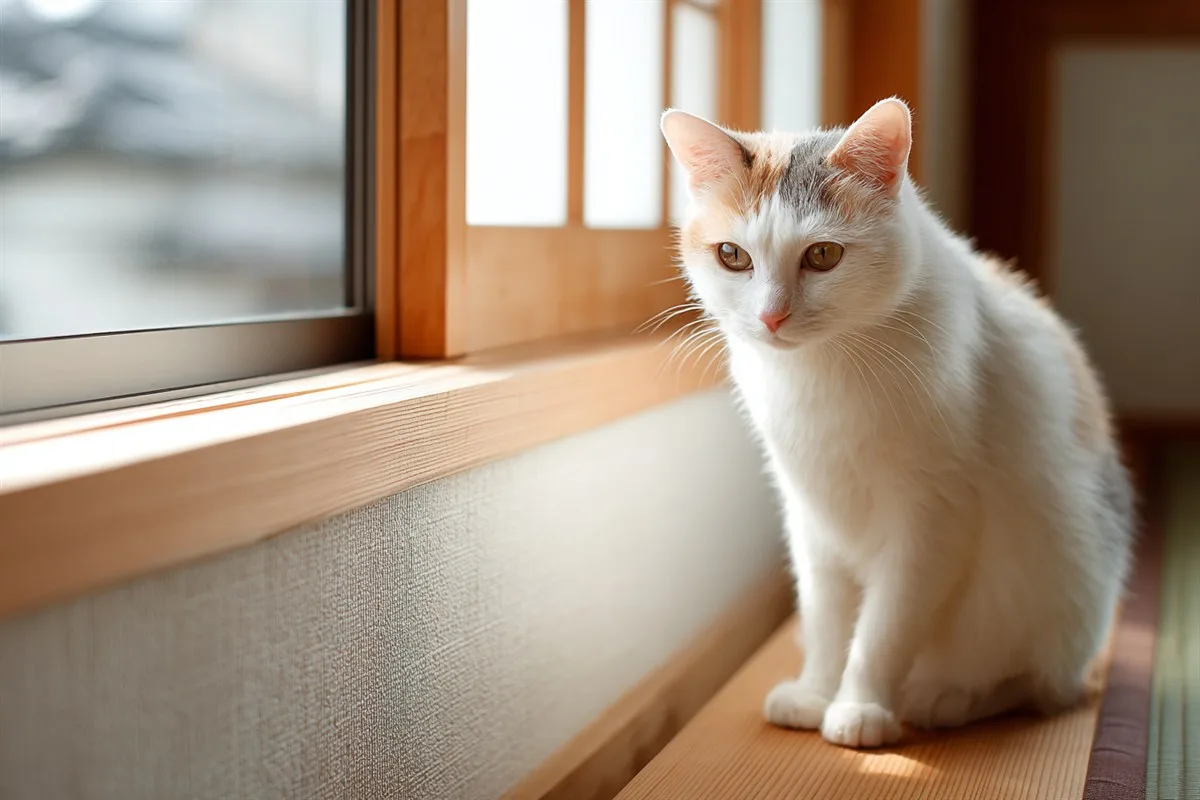 既存の窓の内側に取り付けた木枠の内窓と、窓辺で外を眺める犬