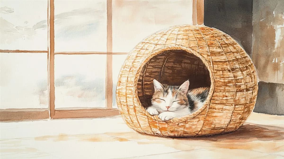稲わらで編まれたドーム型の猫ちぐらと、そばに寄り添う猫の水彩画