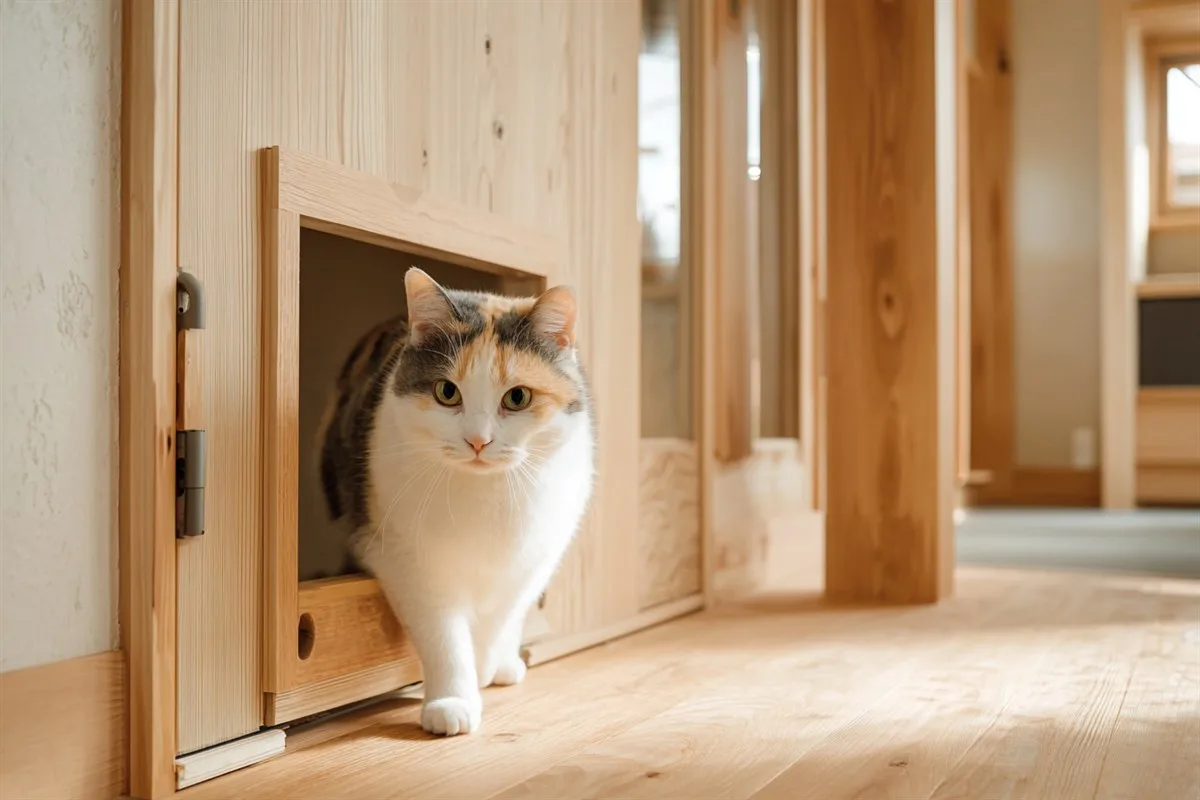 寝室のドア下部に組まれた木枠の小さなペットドアを通り抜ける猫