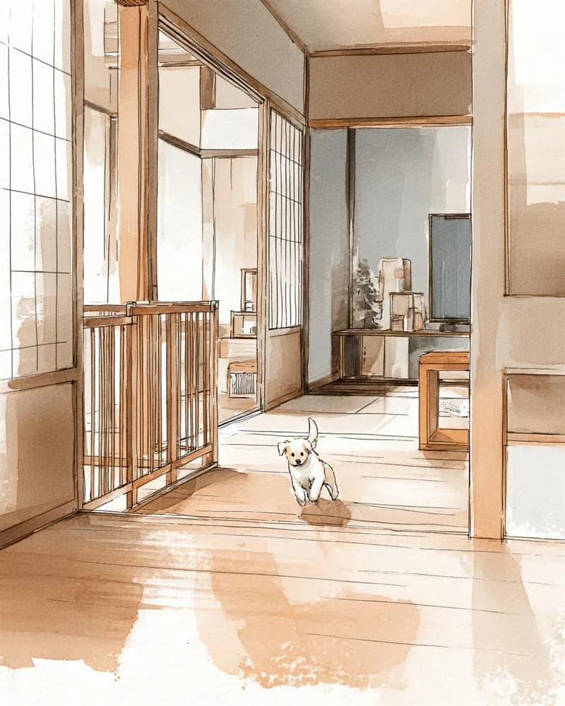 木の脱走防止ゲートと障子の光、走る子犬の水彩画