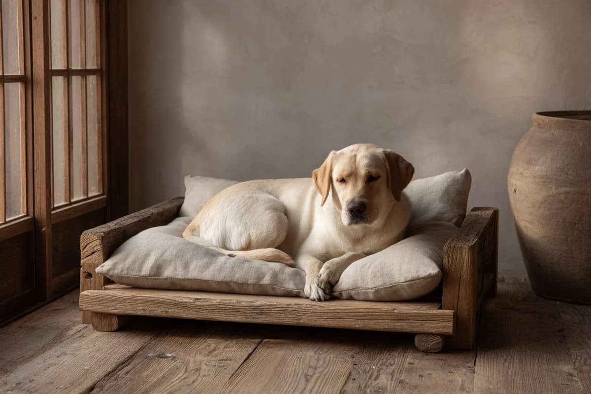 無垢の木枠と麻布のカバーのドッグベッドに、犬が丸まって眠っている朝の写真
