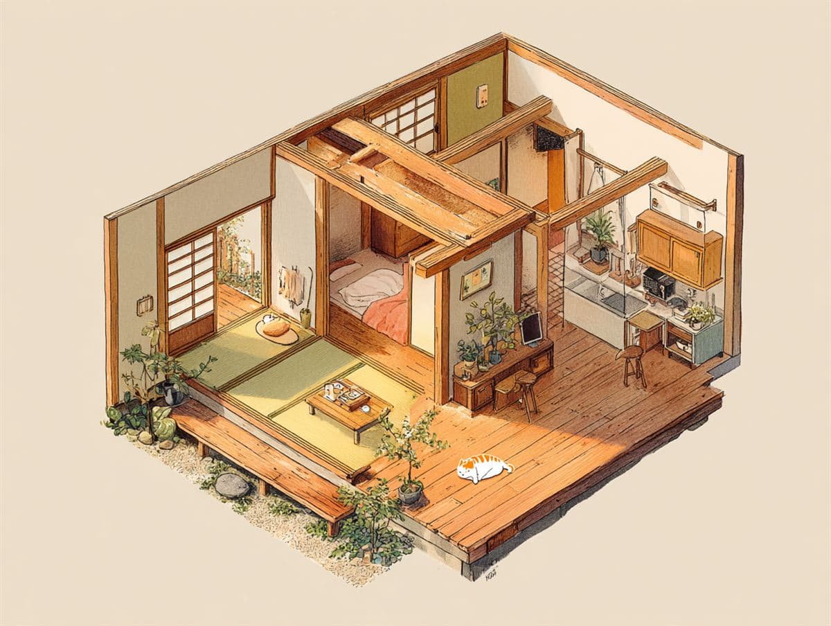 和室・デッキ・台所・寝室がひとつにつながるお家を斜め上から見渡した水彩画。デッキで丸まる猫