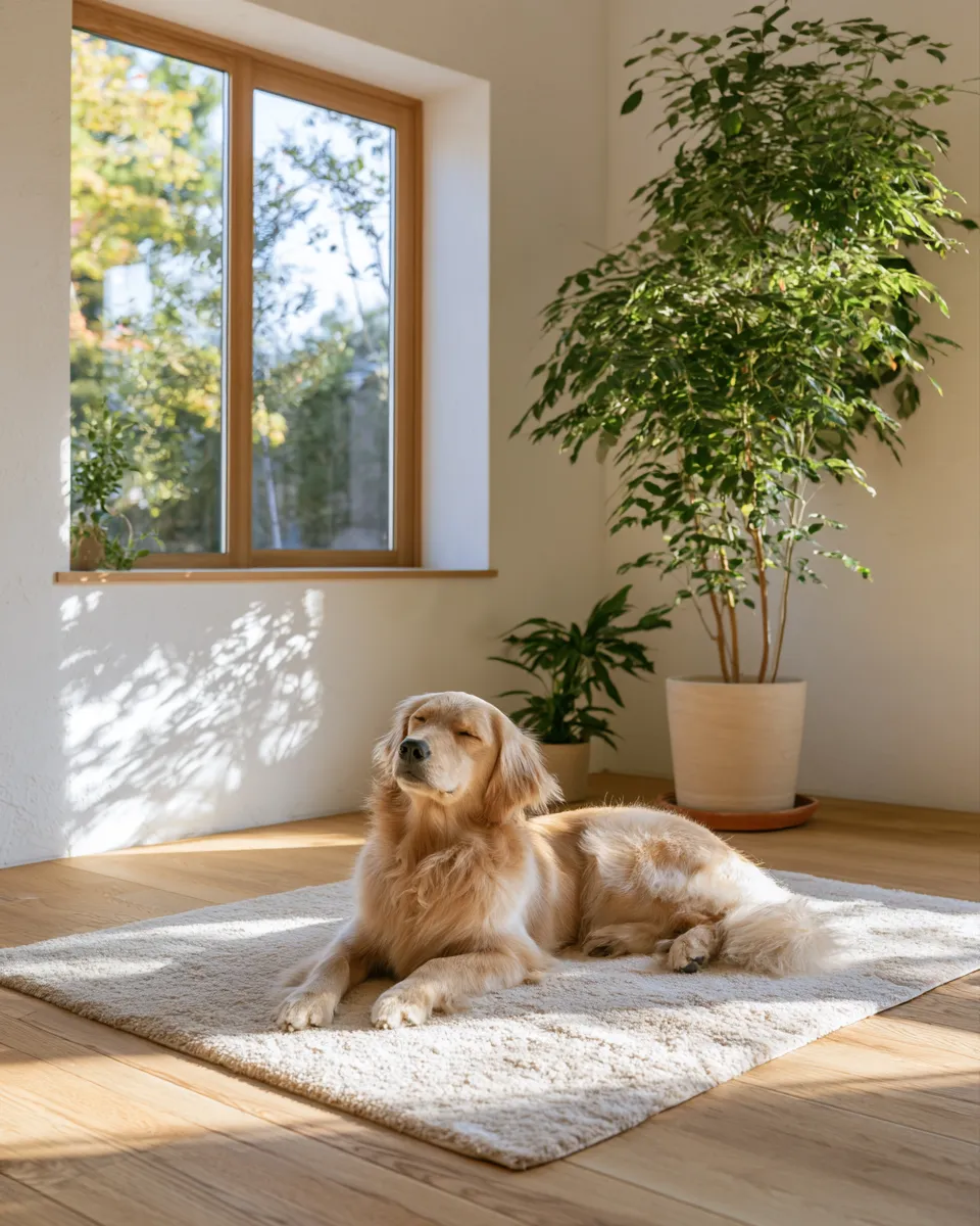 日の差す部屋で、無垢の床に敷いたラグの上に寝そべっている犬