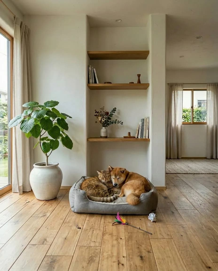 無垢のフローリングの上、ペットベッドで寄りそって眠る犬と猫