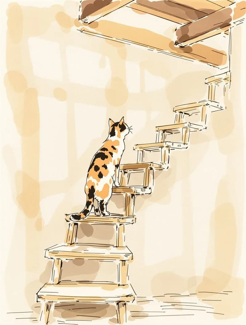 壁に取り付けられた木のキャットステップとキャットウォーク、登っていく猫の水彩画