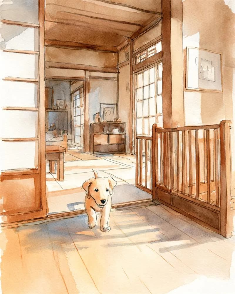 リビングを駆け回る子犬と、玄関に置かれた木の脱走防止ゲートの水彩画