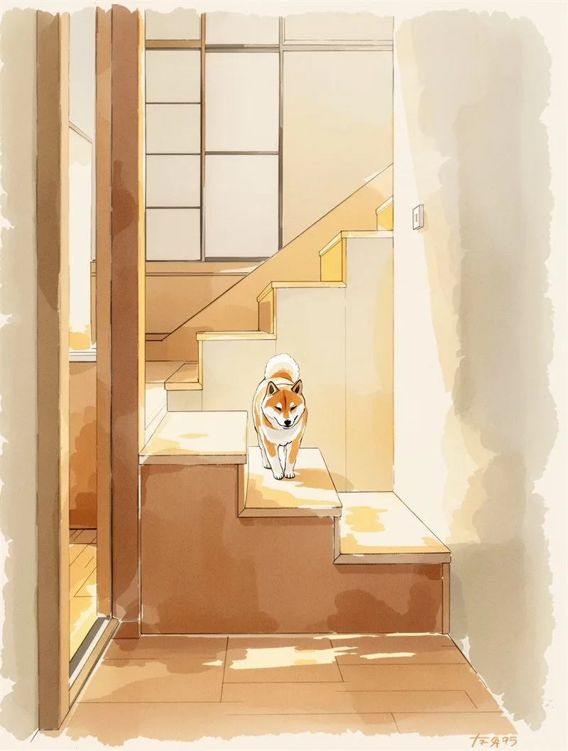段差をなくしたなだらかな廊下と、ゆっくり歩く柴犬の水彩画
