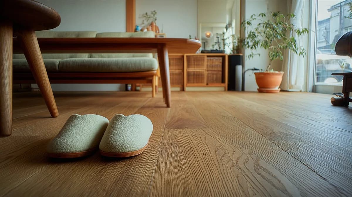 床に近い低い目線から撮影された無垢のフローリングと木の家具脚、家族のスリッパ