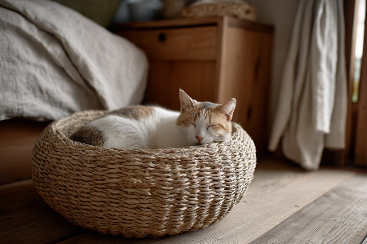 縁側の陽だまりに置かれた籐の籠ベッドで、丸まって眠る三毛猫の写真