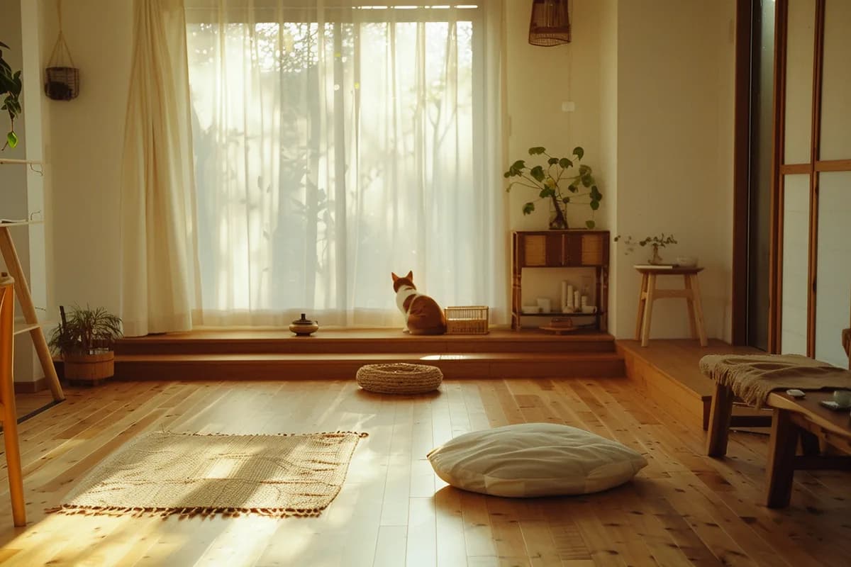 窓辺に座る猫と、陽光が差し込む和モダンな部屋の無垢フローリング