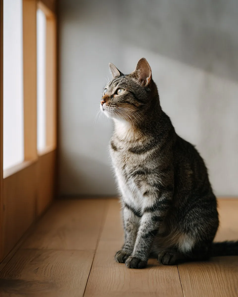 窓辺で耳をすませている、キジトラ猫