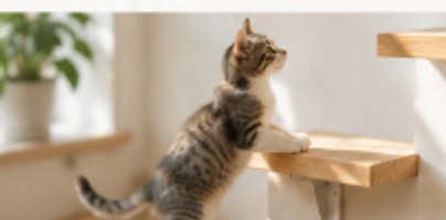 明るい壁の前で、後ろ足で立ち上がって木のステップに前足をかける子猫