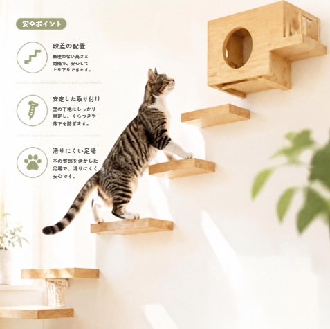 壁のステップを一段ずつ登っていく猫。段差の配置・安定した取り付け・滑りにくい足場という3つの安全ポイントが添えられている
