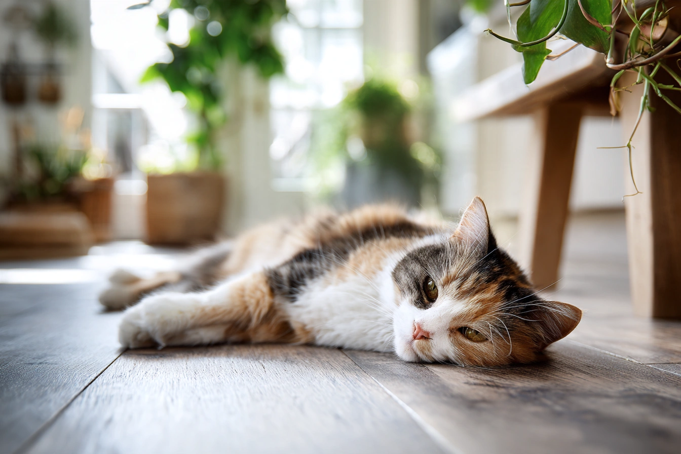 無垢のフローリングに体をつけて、目を細めて寝そべる三毛猫。奥の窓辺には観葉植物が並ぶ