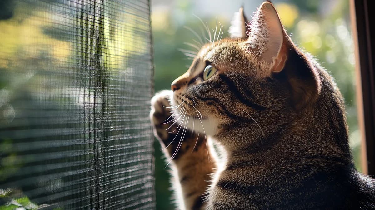 前足をかけて網戸越しに外を見つめる、キジトラ猫