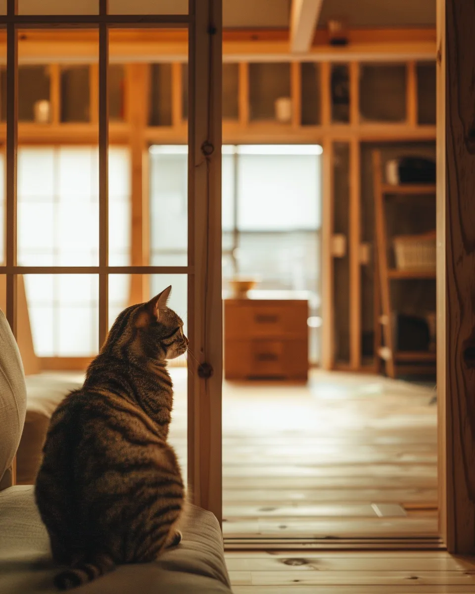 ガラス戸越しに、施工中の部屋をのぞき込む猫