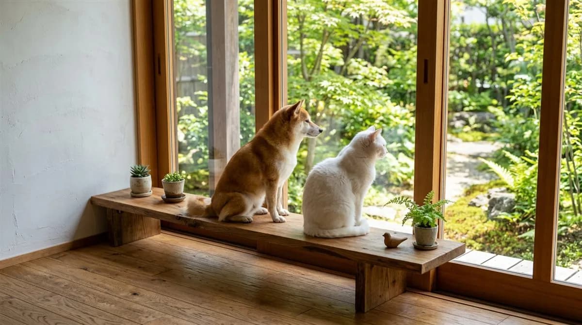 無垢の縁側の上で、外の庭を眺めている柴犬と白猫
