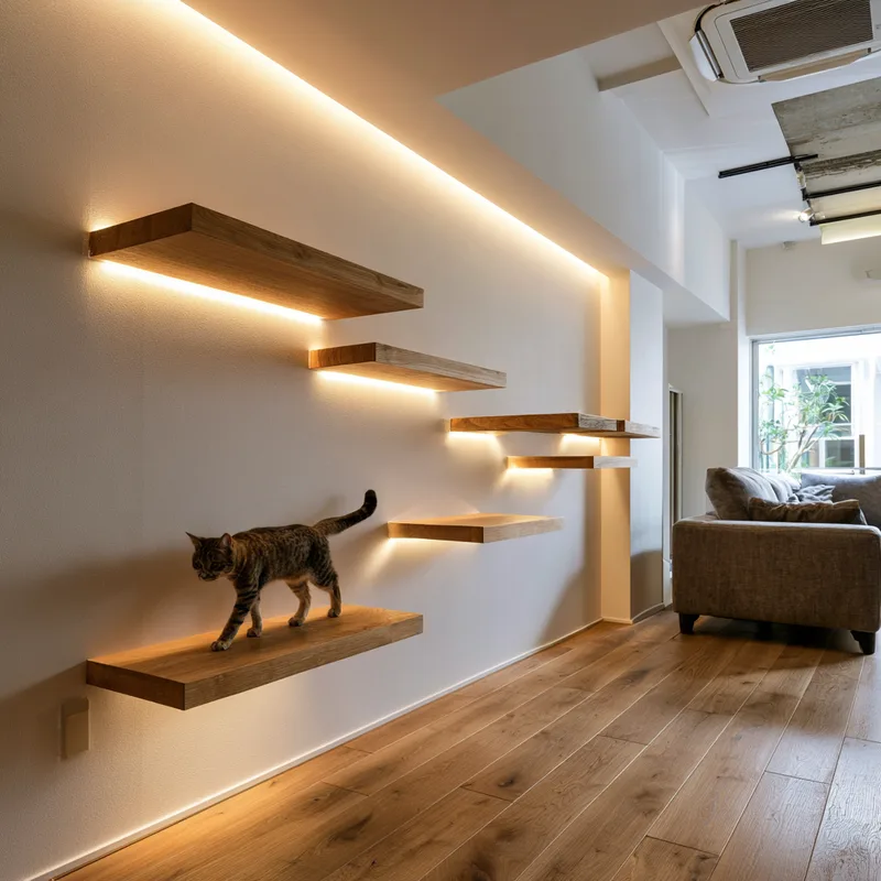 ライティングが美しいキャットウォークの棚を歩く猫